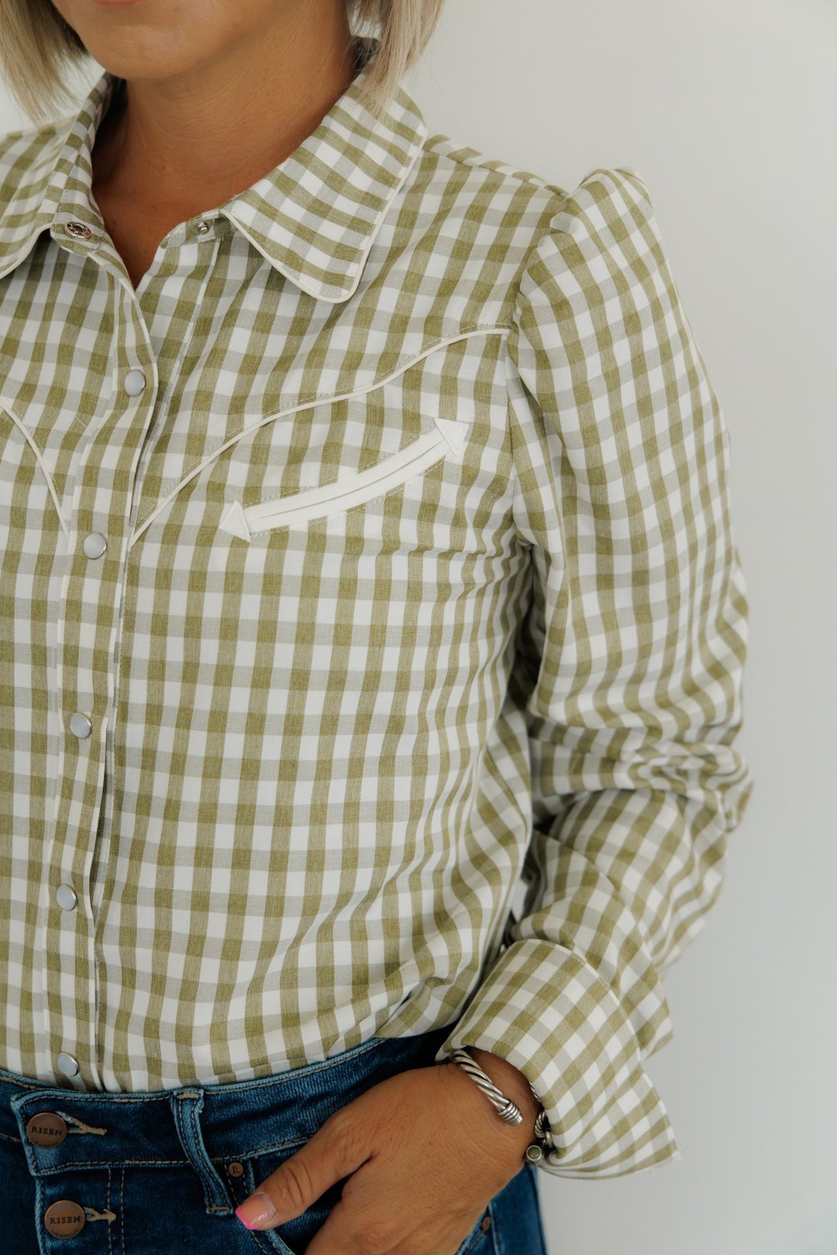 Olive Gingham Long Sleeve Pearl Snap Shirt HH2708