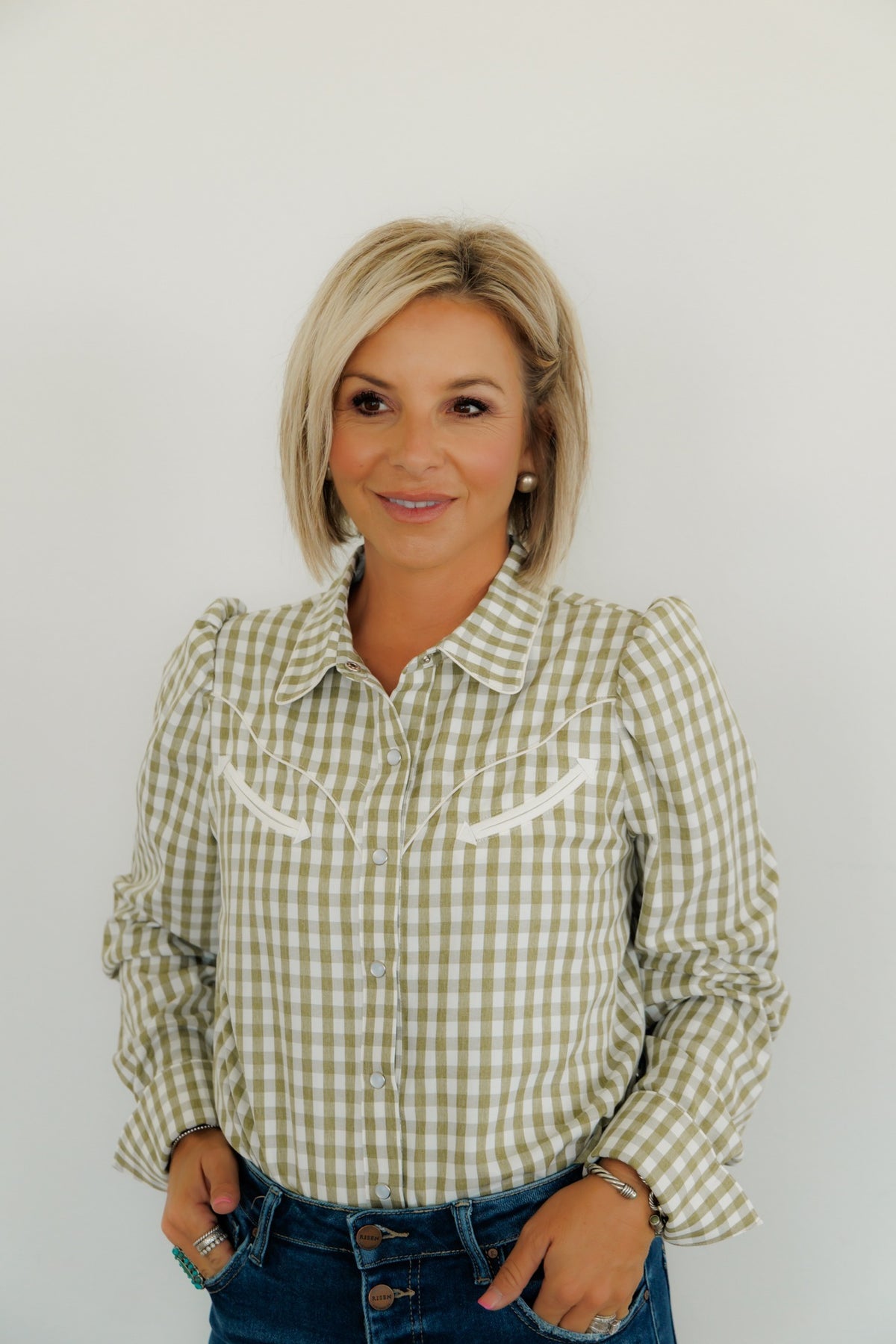 Olive Gingham Long Sleeve Pearl Snap Shirt HH2708
