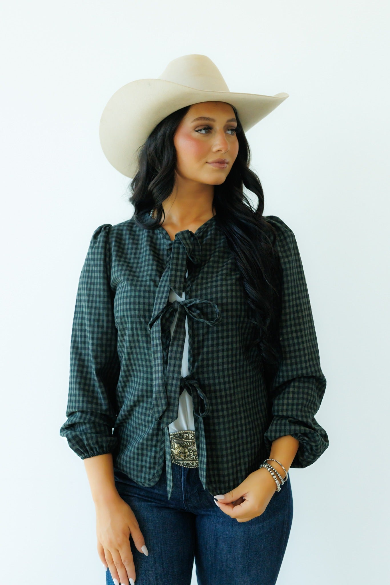 Tie Tops, Black/Grey Gingham LS HH828