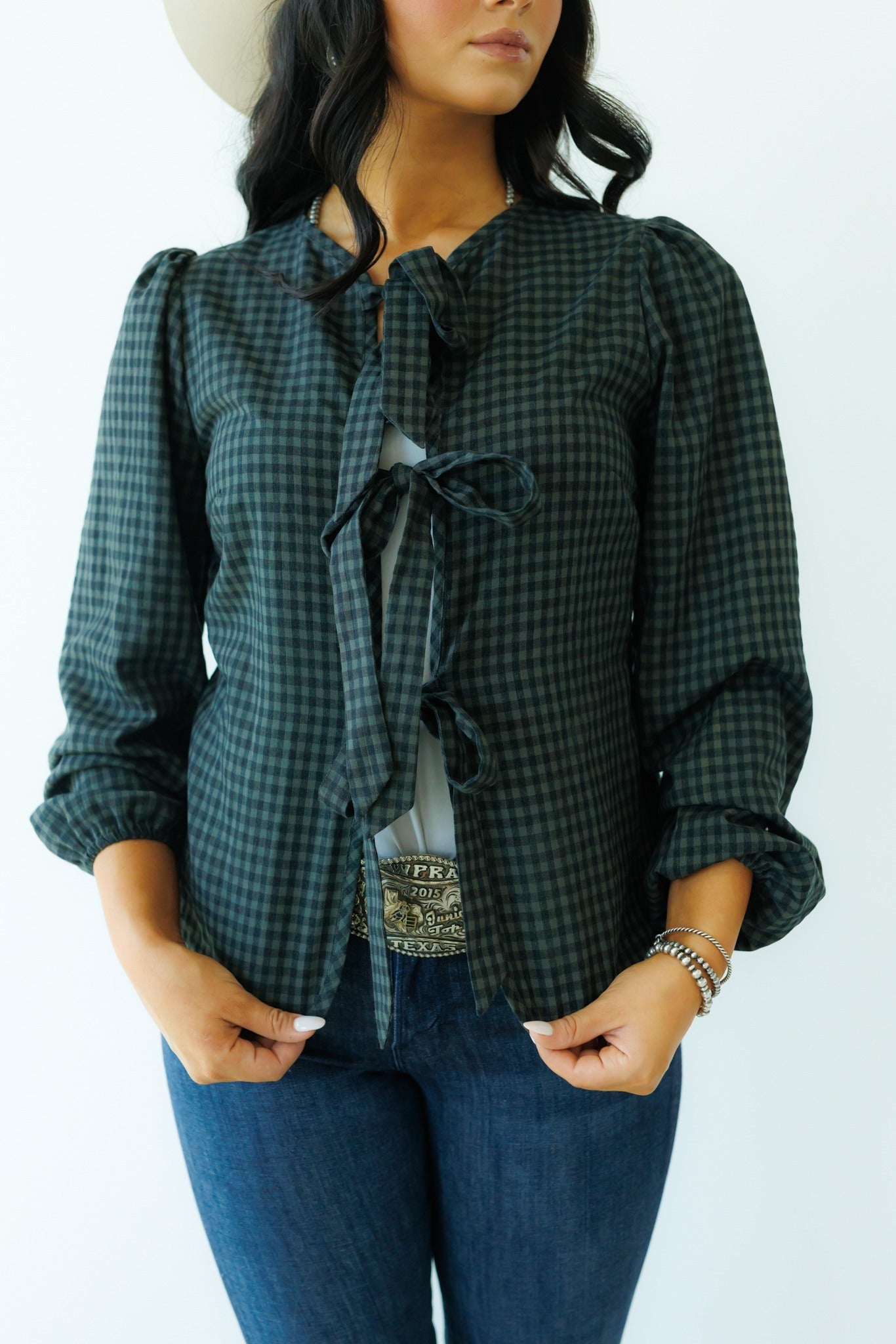 Tie Tops, Black/Grey Gingham LS HH828