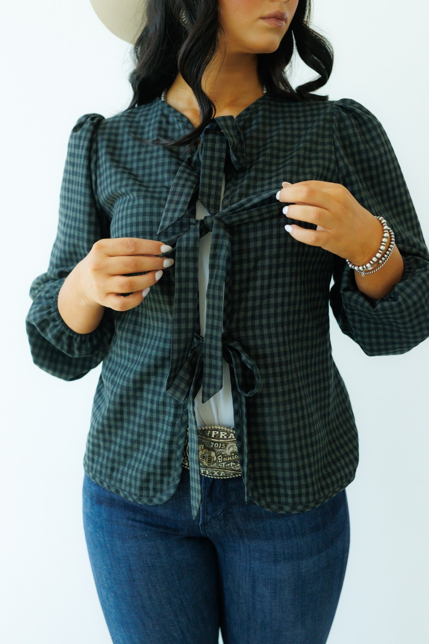 Tie Tops, Black/Grey Gingham LS HH828