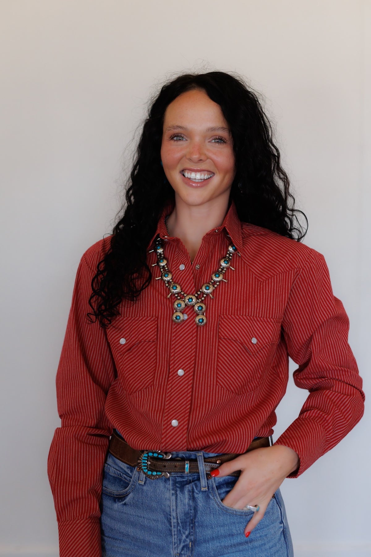 Red Stripe Long Sleeve Pearl Snap Shirt (HH19)