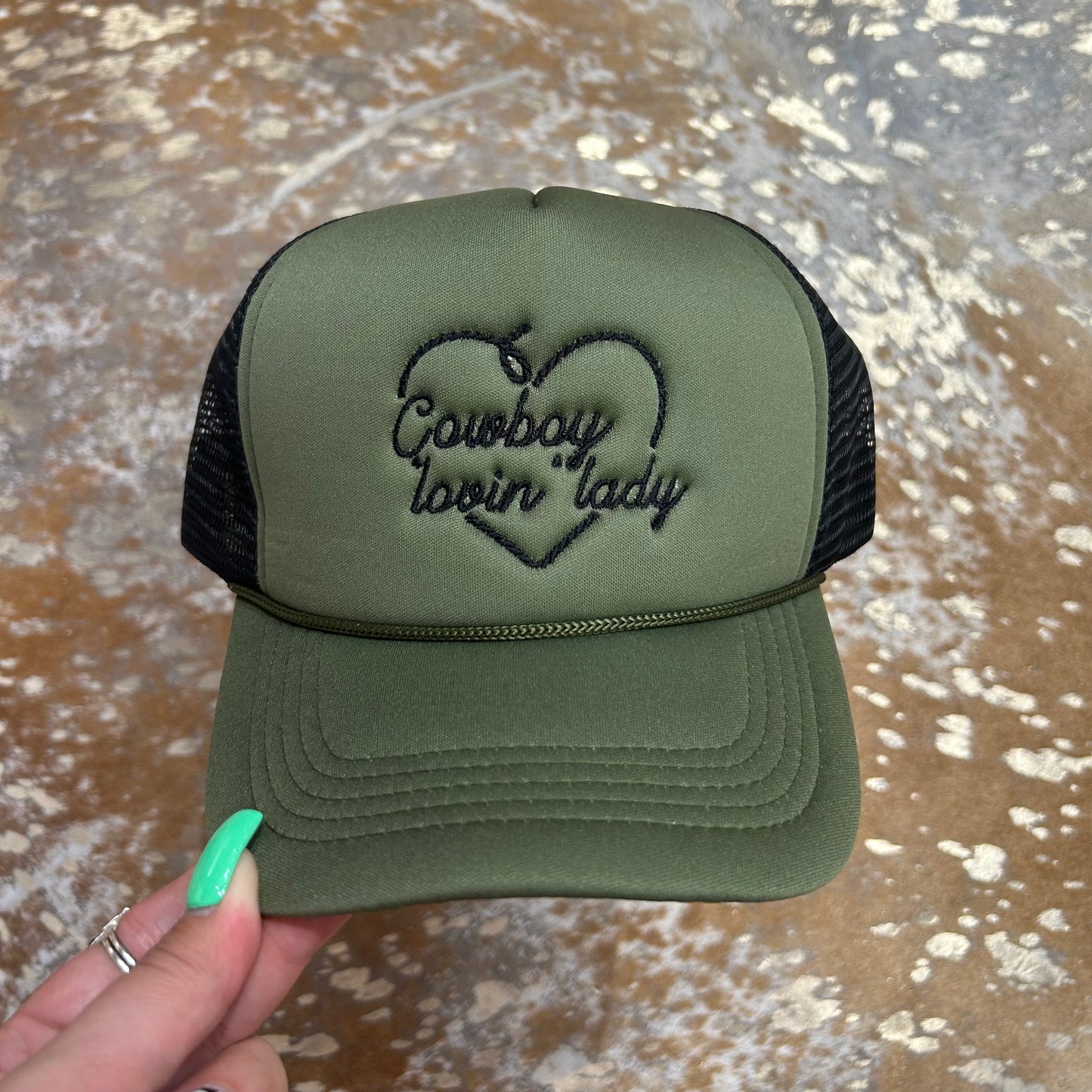 HH5401 COWBOY LOVIN LADY TRUCKER HAT - OLIVE /BLK