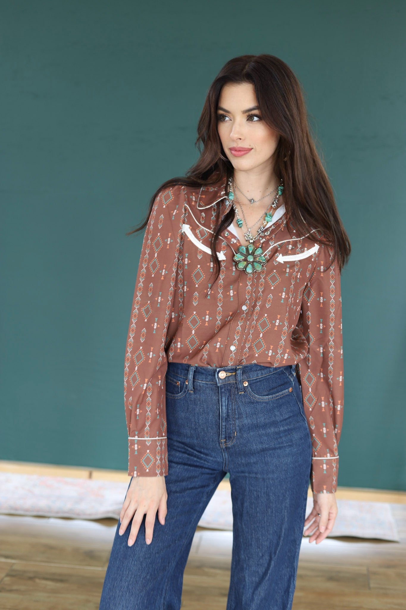 IS HH2708 BROWN AZTEC LS PUFF PEARL SNAP TOP