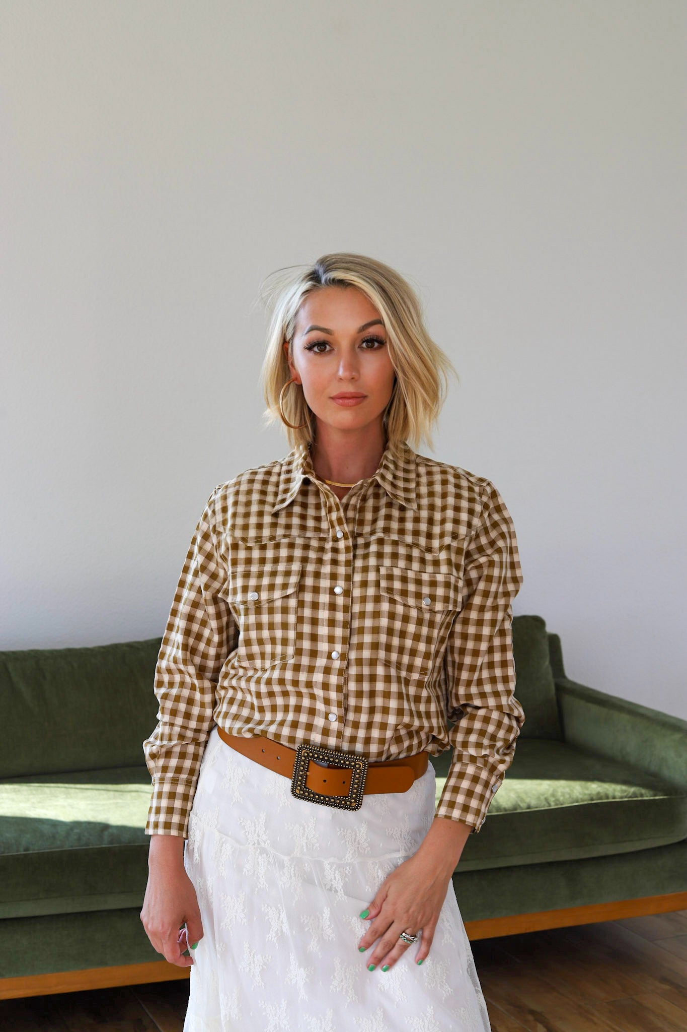 IS HH11 BROWN GINGHAM LS CUFFED  PEARL SNAP TOP