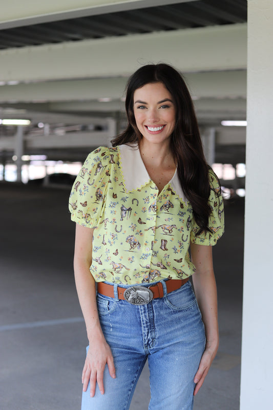 HH3024 LEMON BUTTERFLIES & HORSES COLLAR PUFF SHORT SLEEVE BLOUSE