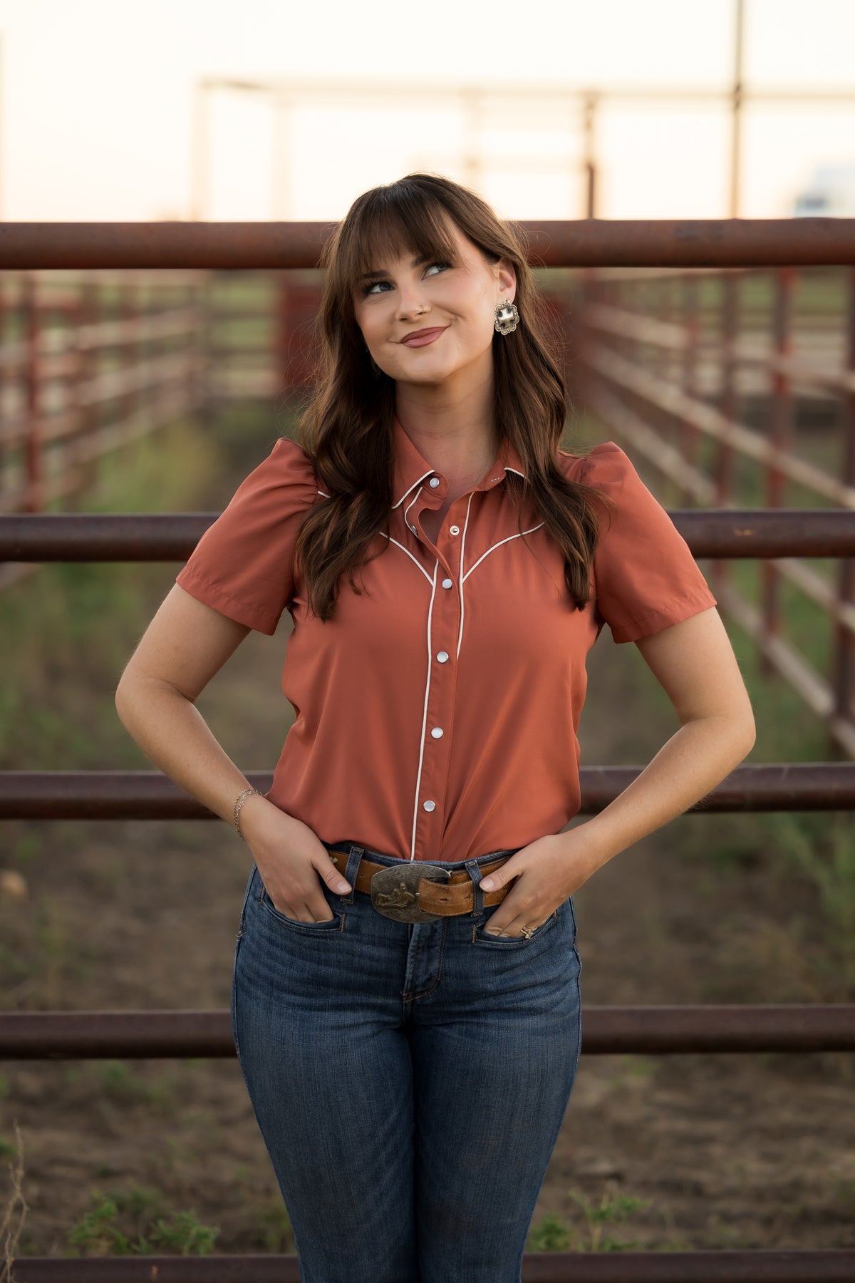 Rust Puff Short Sleeve Pearl Snap Shirt HH2705