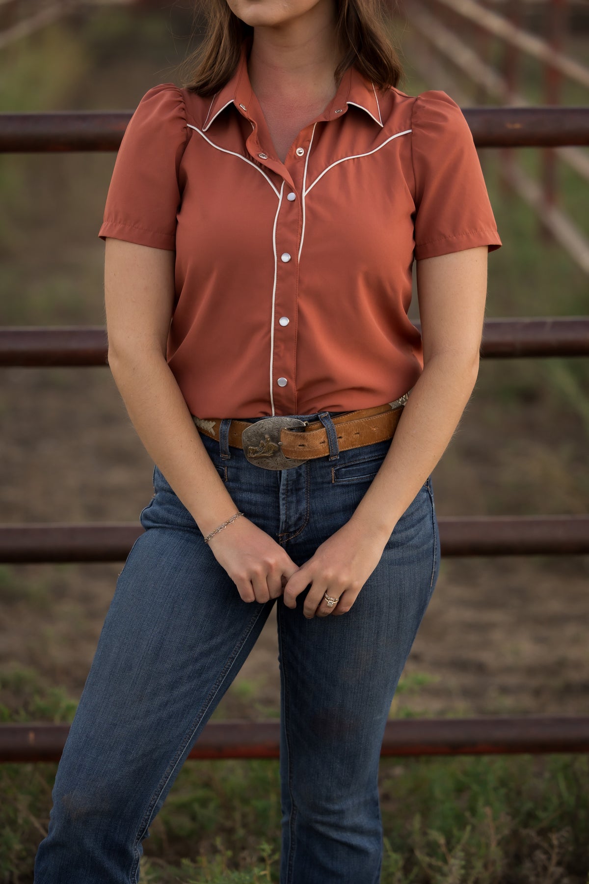 Rust Puff Short Sleeve Pearl Snap Shirt HH2705
