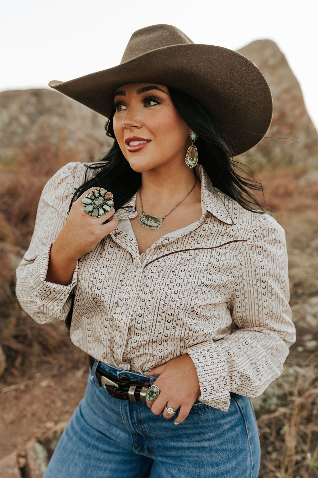 Pearl Snap, Brown Horseshoe LS HH2725
