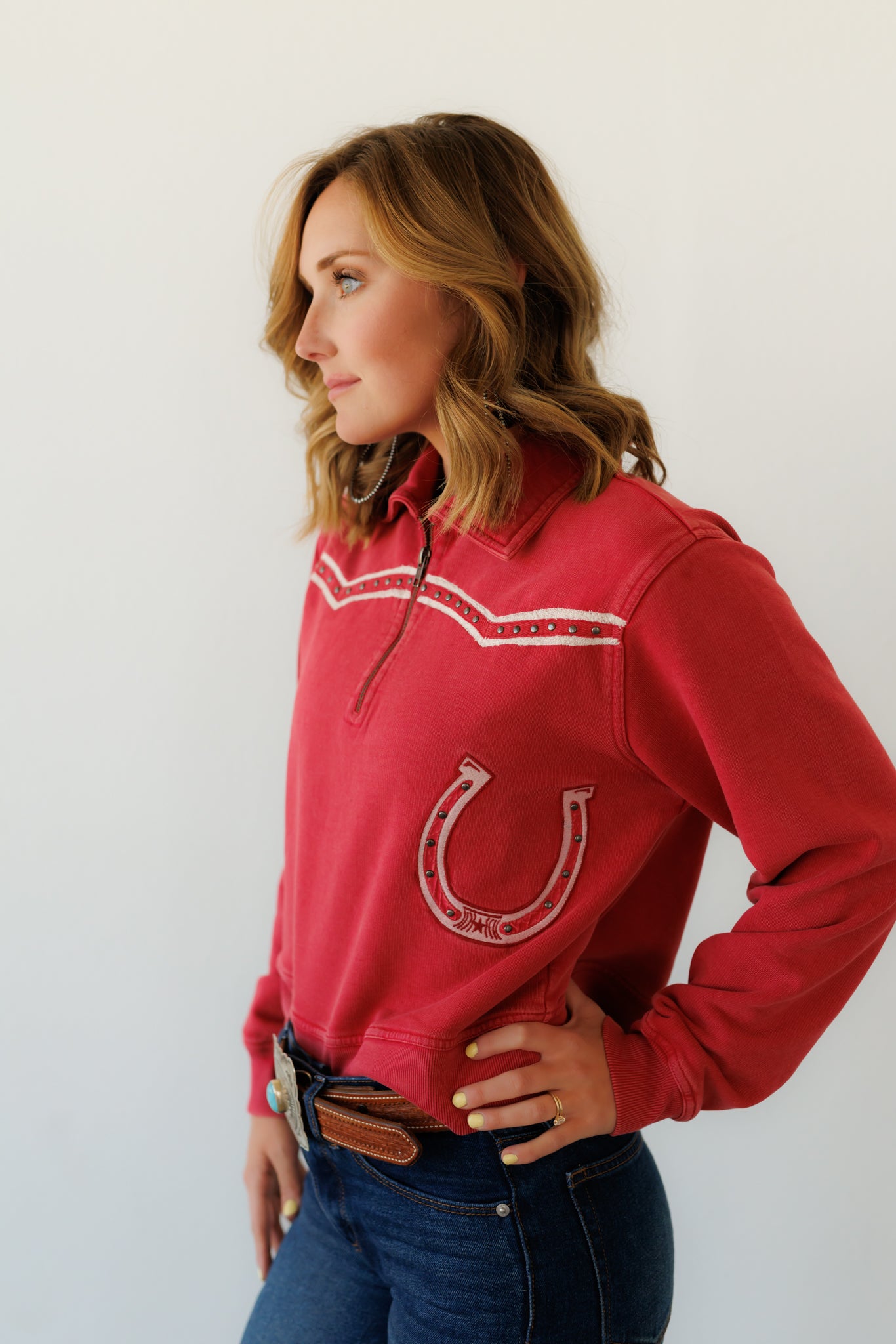 Sweatshirt, Red Embroidery Studded HH1033