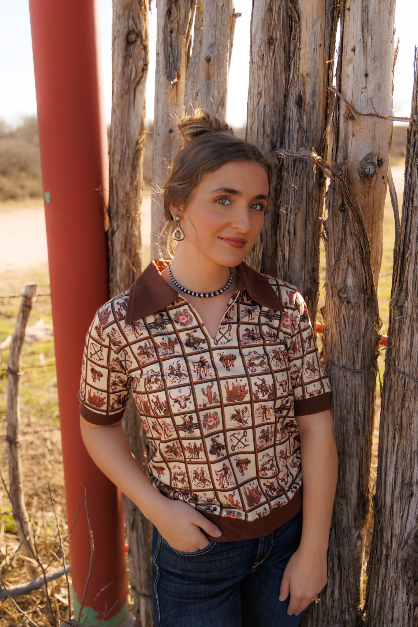 Top, Brown Western Square Polo HH2102
