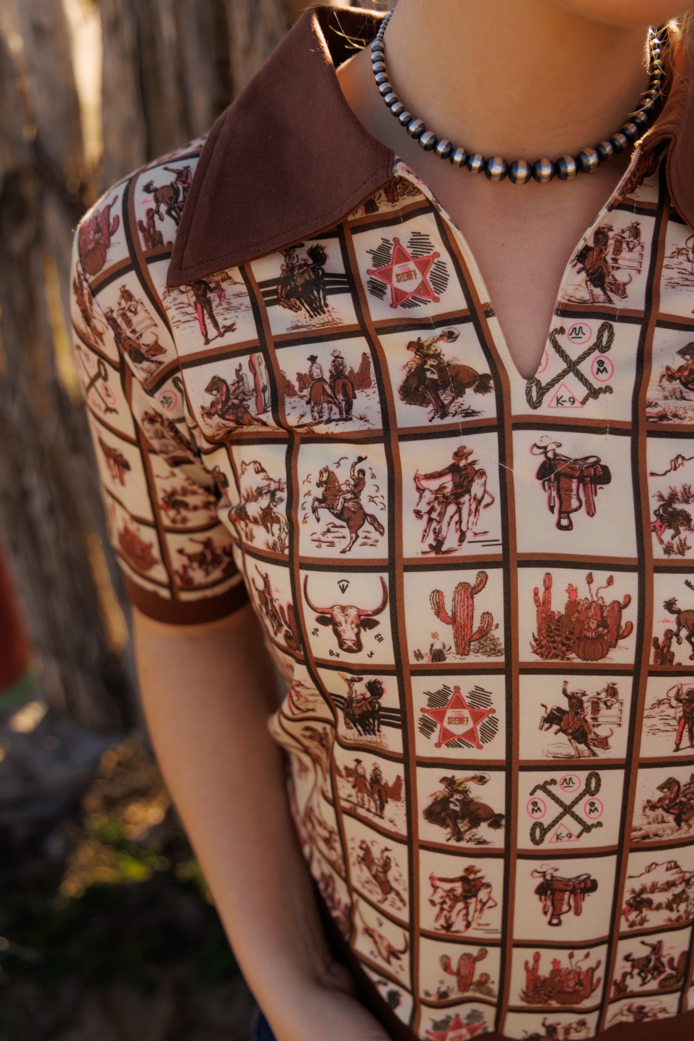 Top, Brown Western Square Polo HH2102