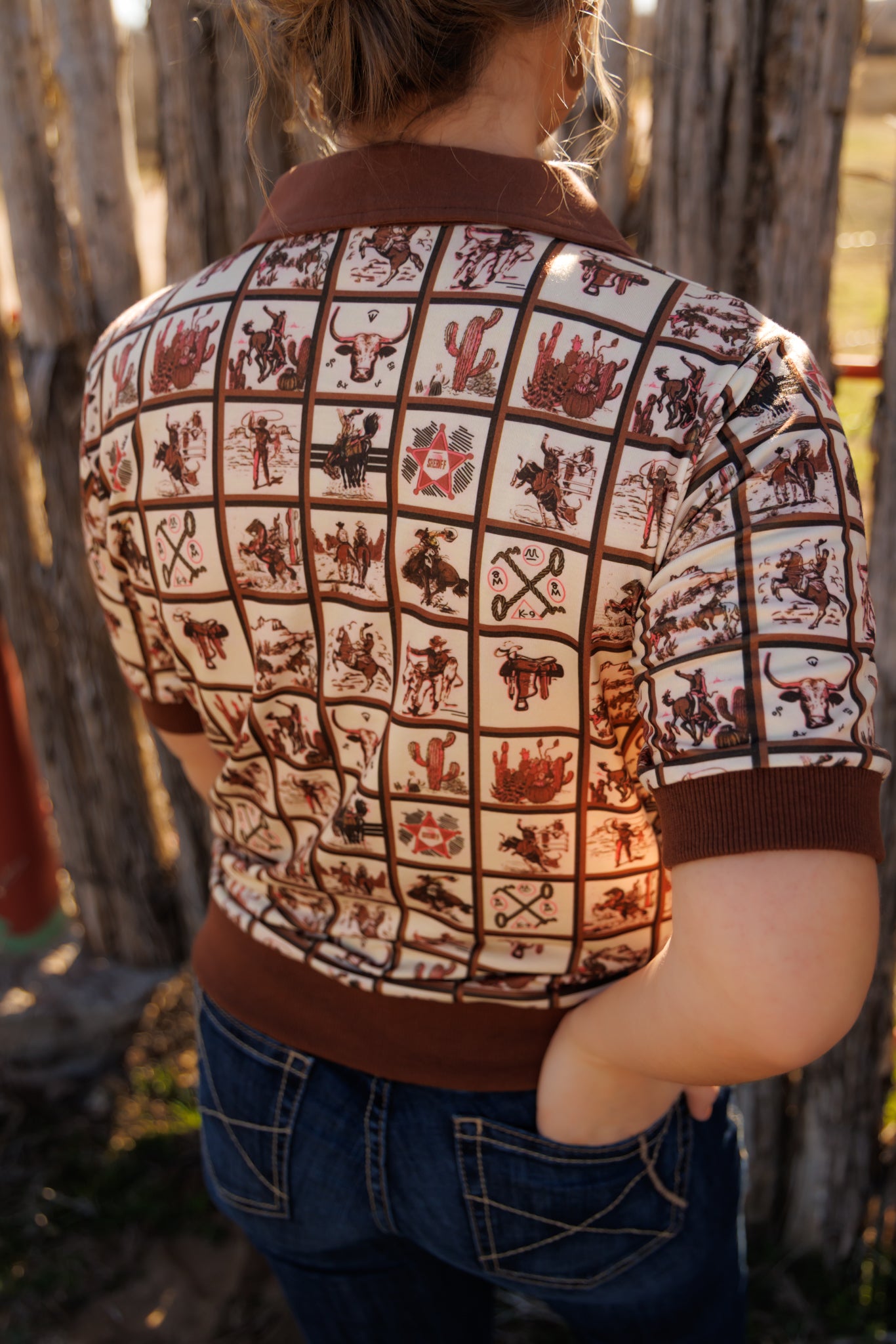Top, Brown Western Square Polo HH2102
