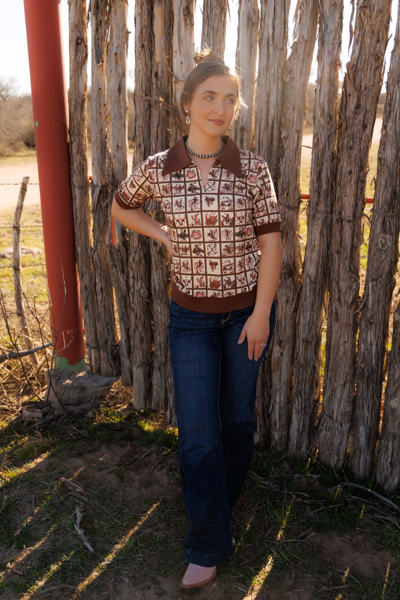 Top, Brown Western Square Polo HH2102