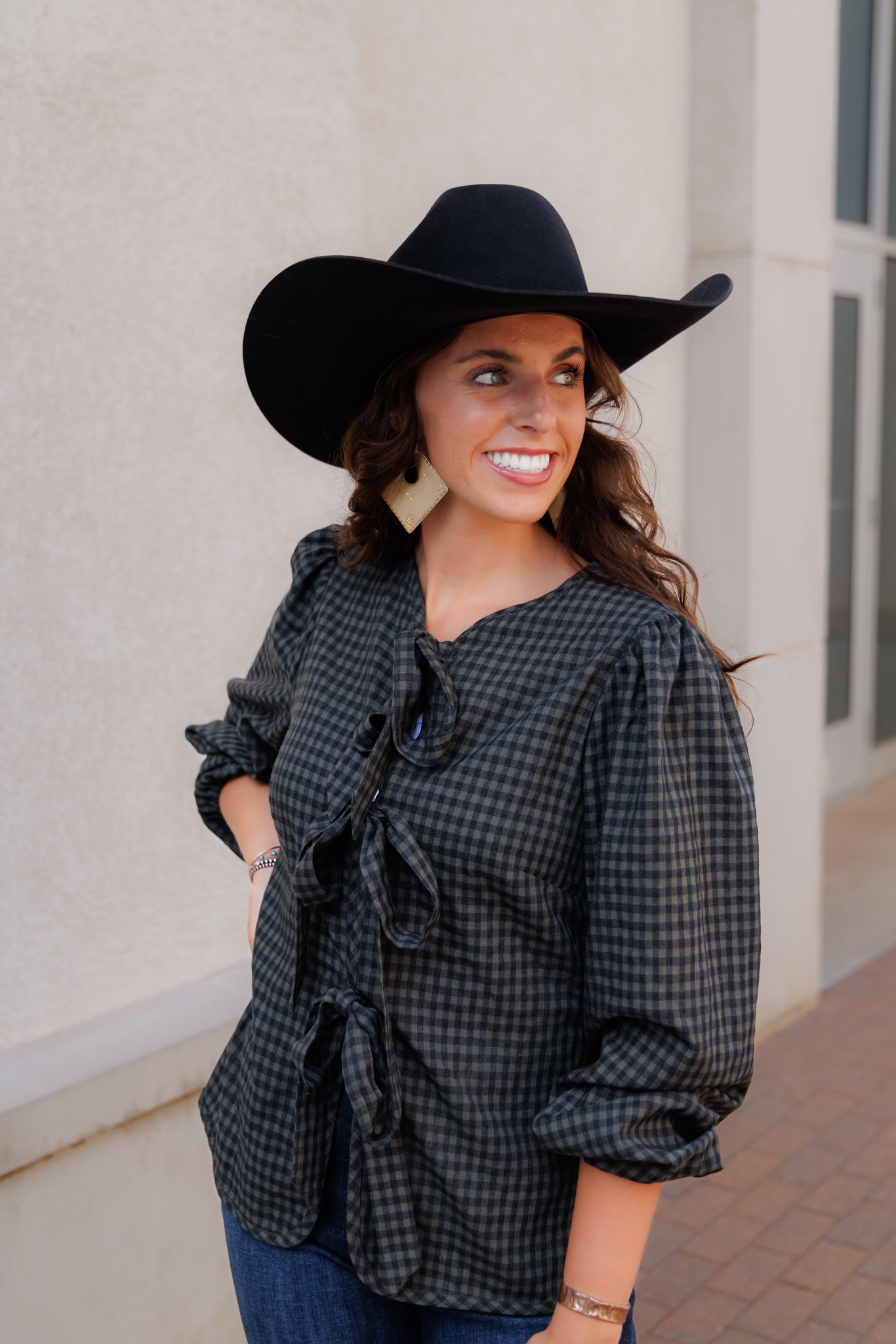 Tie Tops, Black/Grey Gingham LS HH828