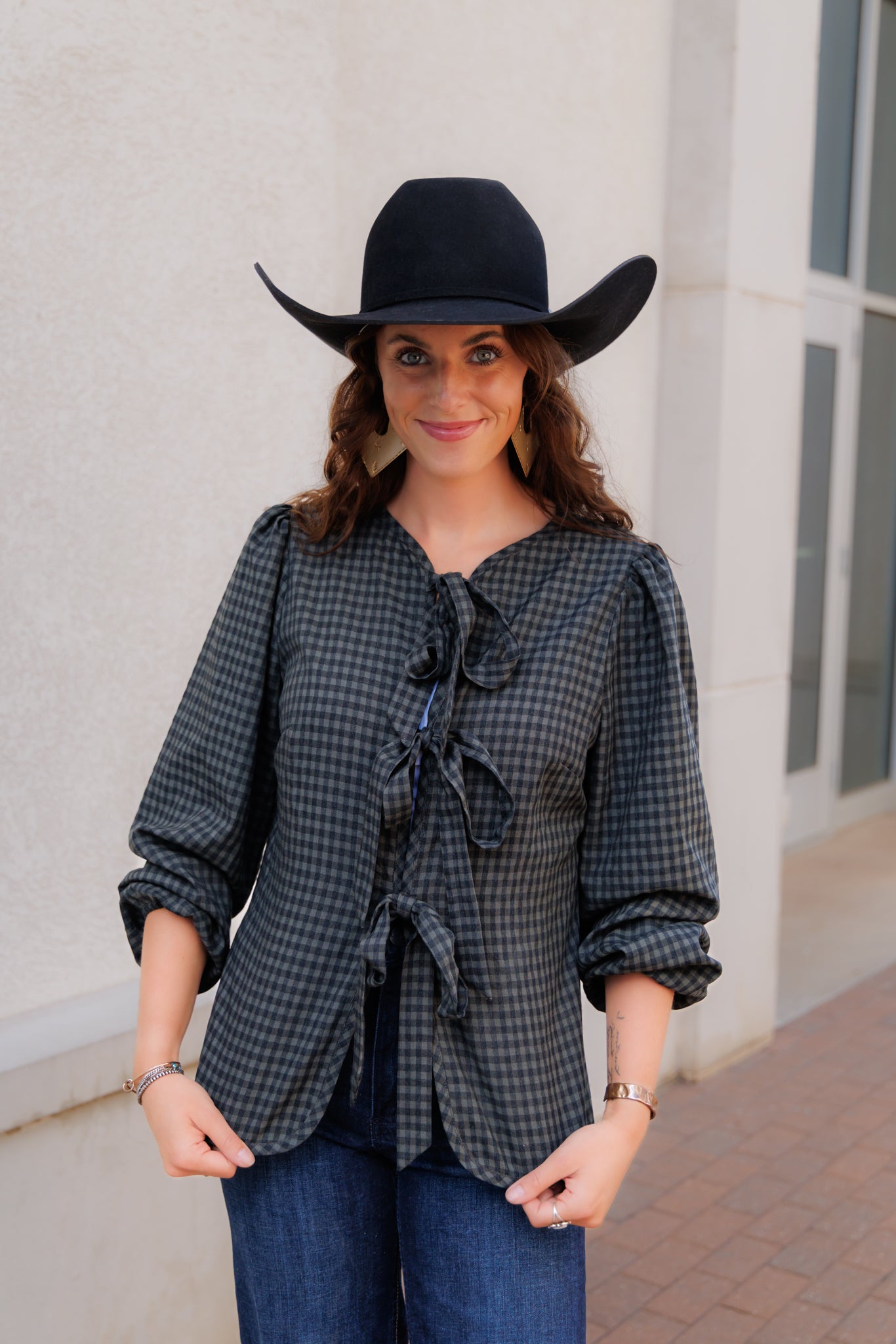 Tie Tops, Black/Grey Gingham LS HH828