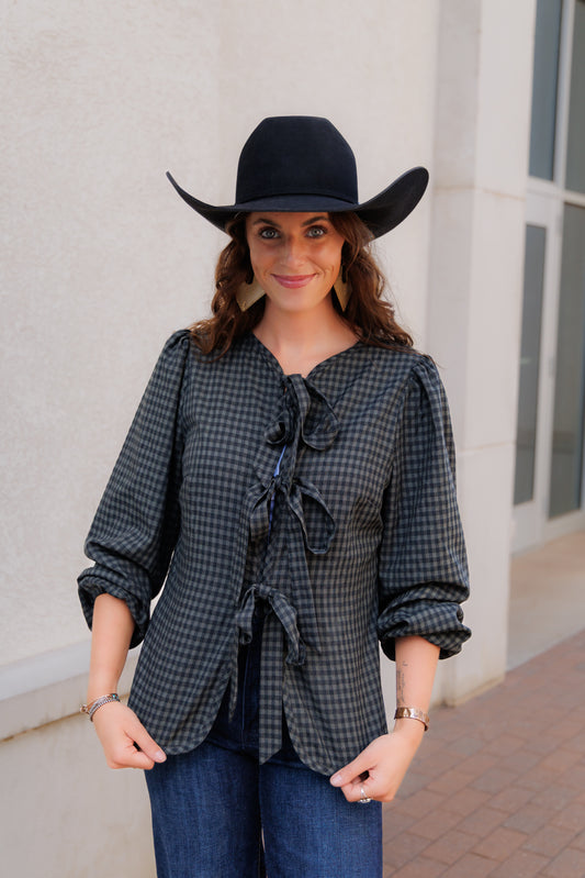 Tie Tops, Black/Grey Gingham LS HH828