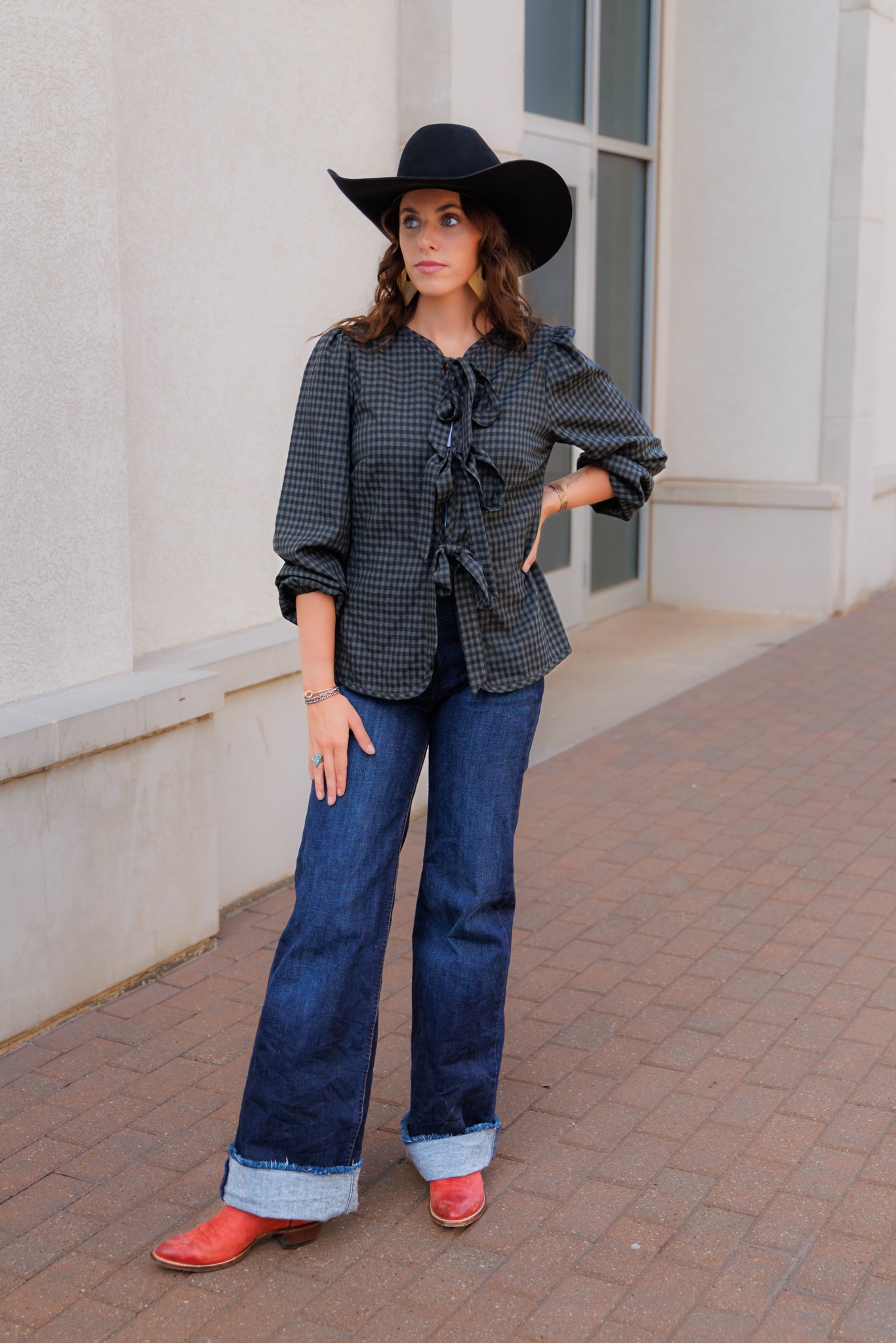 Tie Tops, Black/Grey Gingham LS HH828